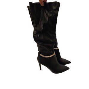Black High Heel Knee-High Boots With Gold Chain Accents Made In China